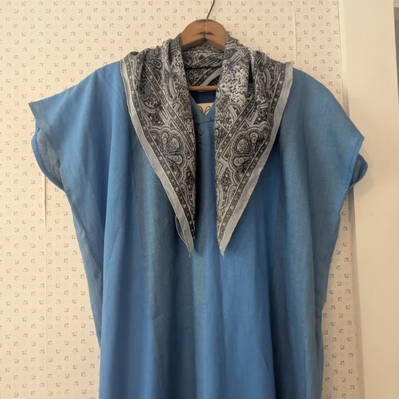 💙 Linen Blue 2X Women's Dress Kaftan Embroidery Side Slit Handmade By H - Picture 4 of 10